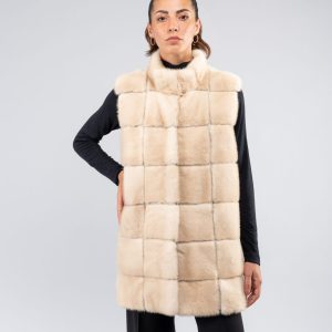 Gilet in visone a quadri con collo alla coreana