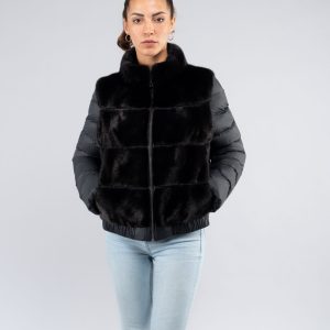 Bomber in visone con maniche in tessuto