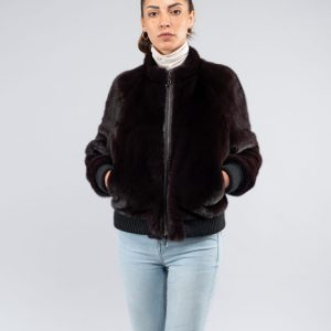 Bomber in visone con collo alla coreana e maniche lunghe