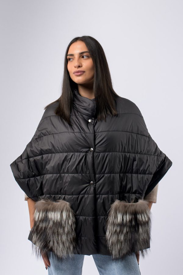 Poncho tessuto tecnico con tasche in Volpe Argentata - immagine 2